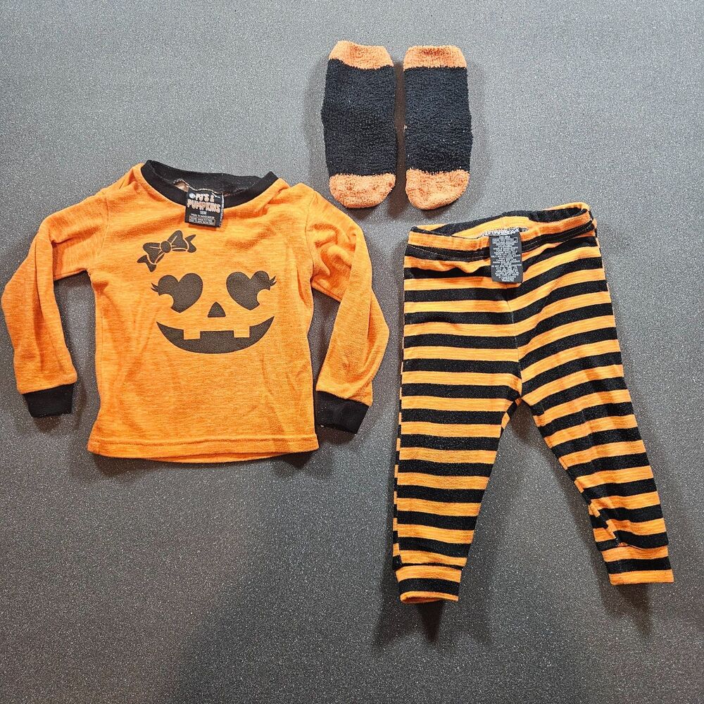 PJ's & Pumpkins Halloween Pajama Set 18M Orange Black 3Pc Outfit